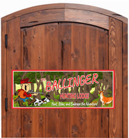 Personalized Hunting Lodge Sign: Cartoon Hunter, Dog, and Deer in Forest Scene