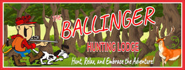 Personalized Hunting Lodge Sign: Cartoon Hunter, Dog, and Deer in Forest Scene