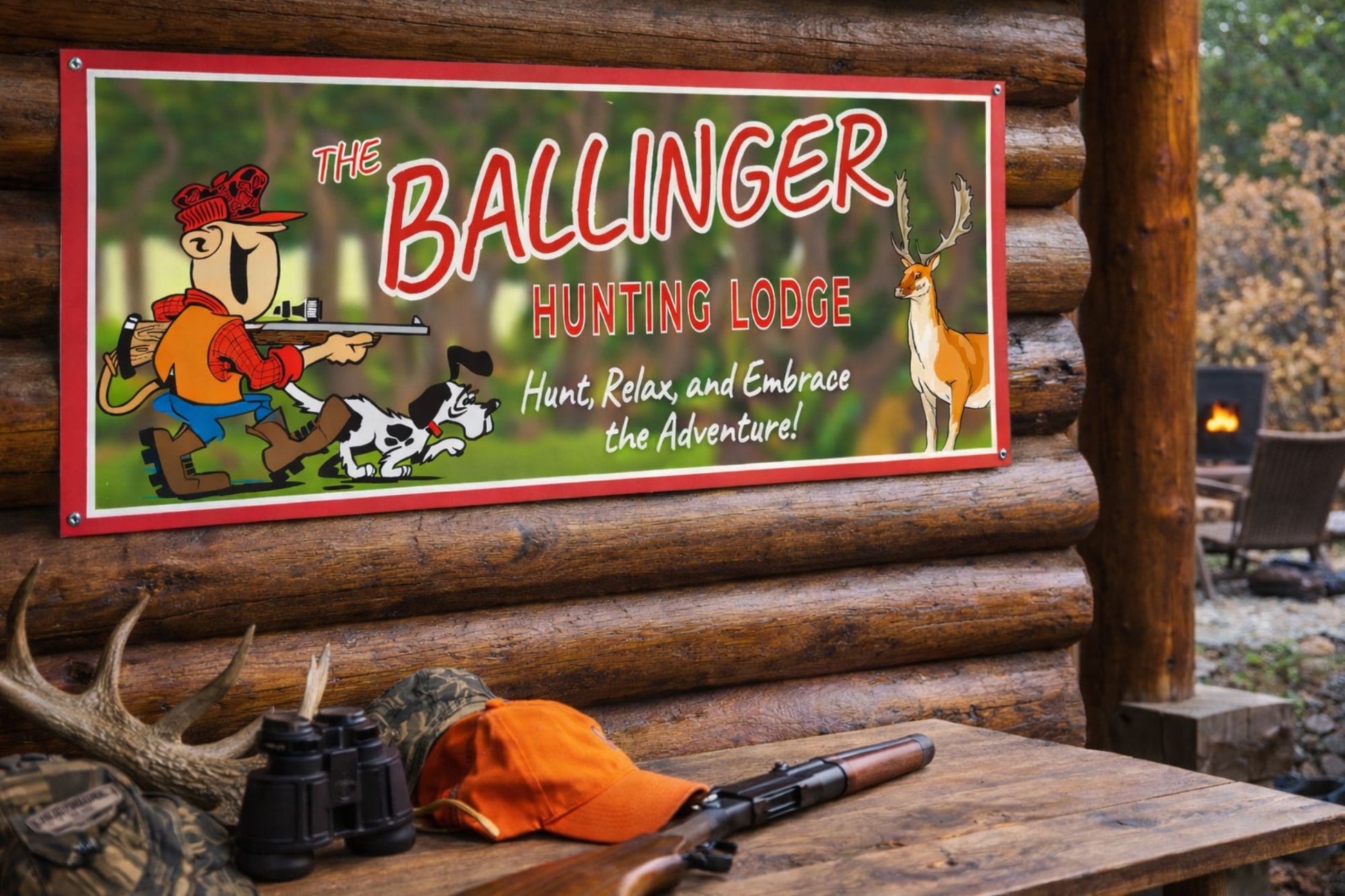 Custom hunting lodge sign displayed on a rustic cabin wall