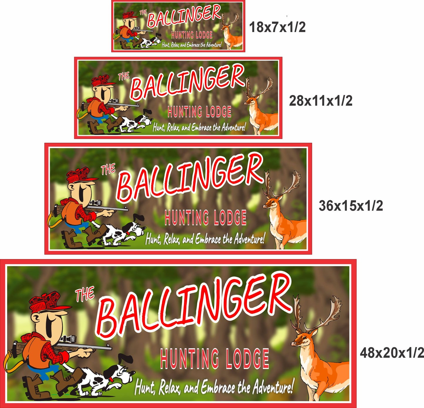 Hunting lodge wall sign shown in four available size options