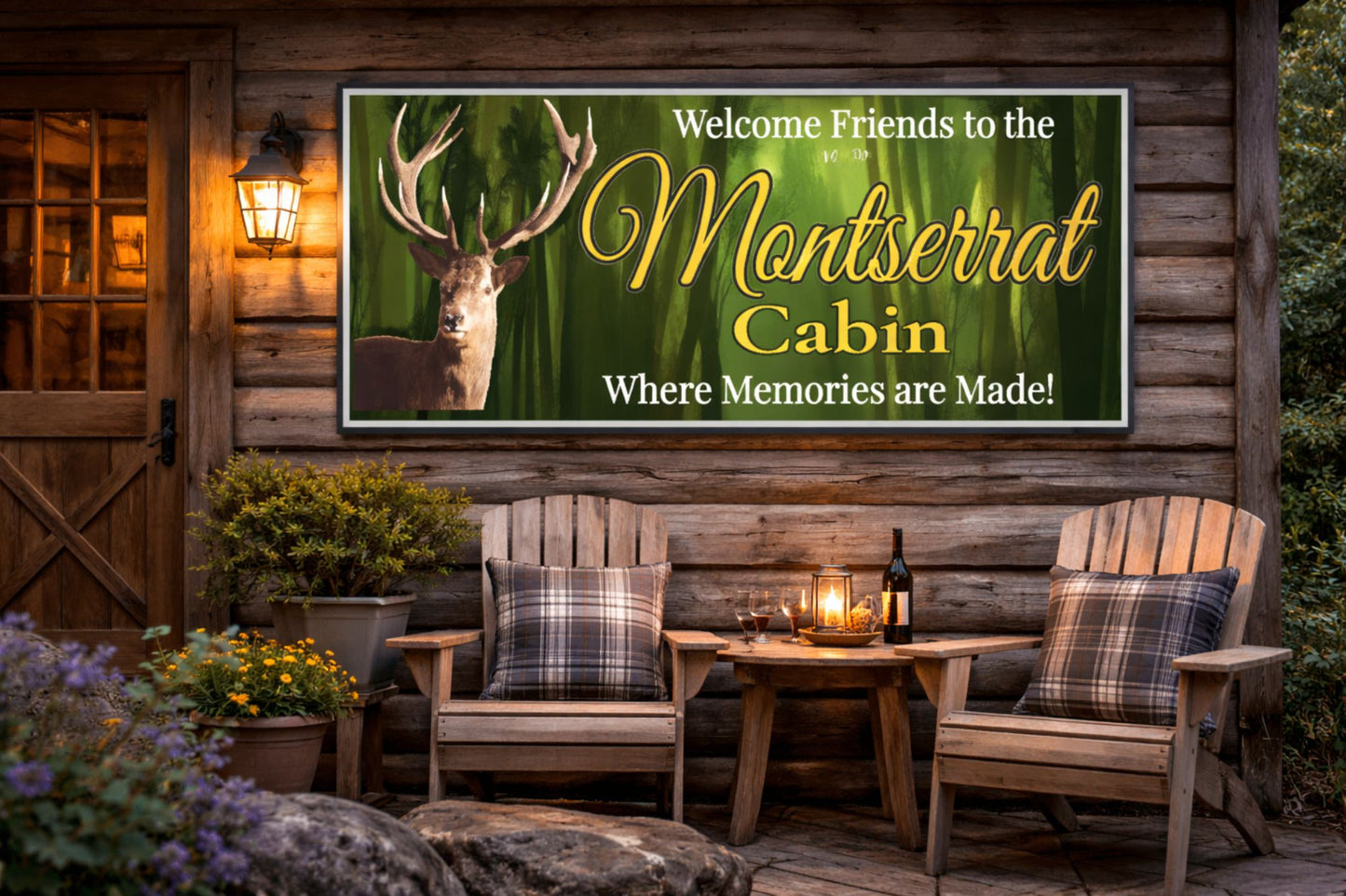 Cabin welcome sign displayed on a rustic porch with outdoor seating and warm lodge lighting.