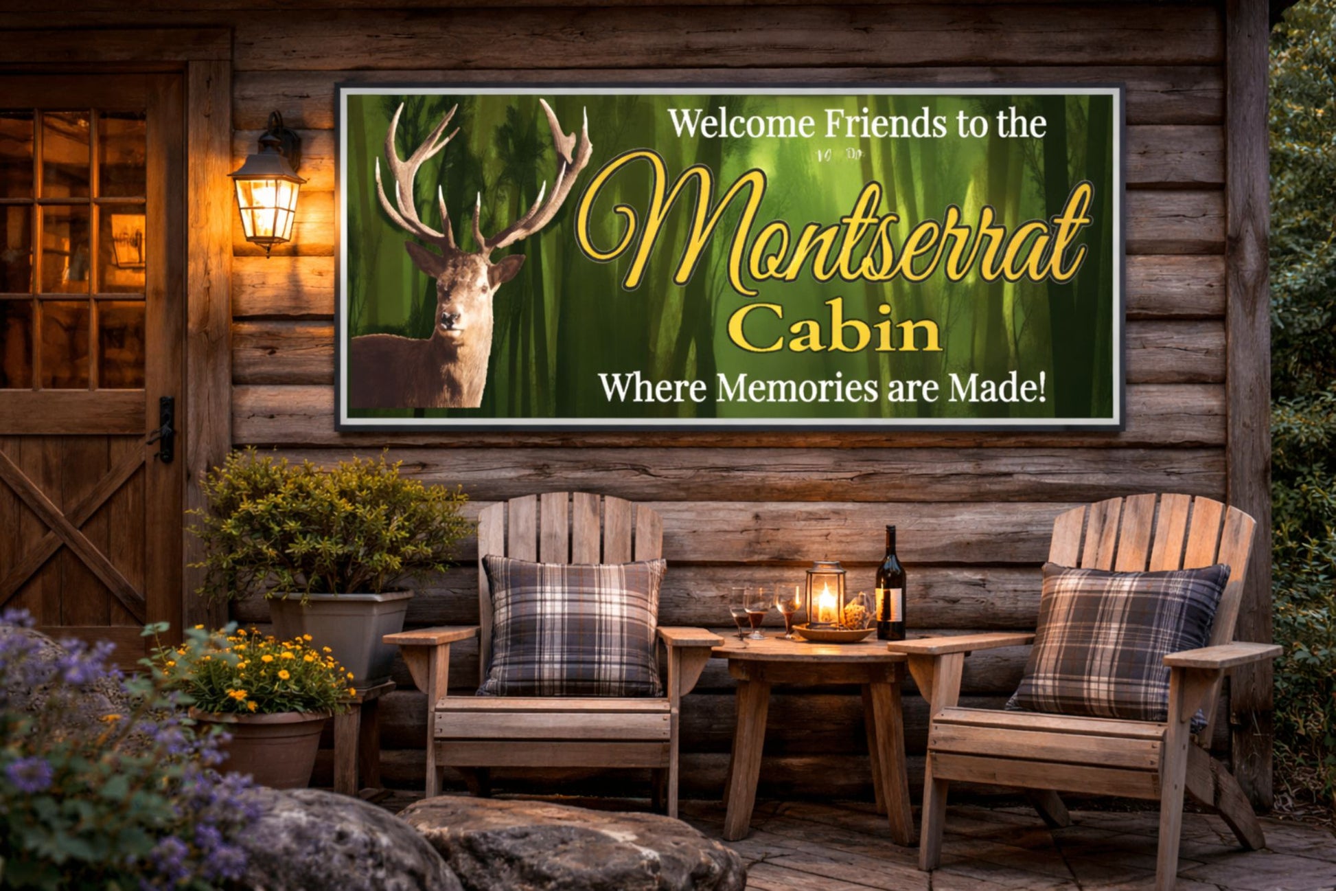 Cabin welcome sign displayed on a rustic porch with outdoor seating and warm lodge lighting.