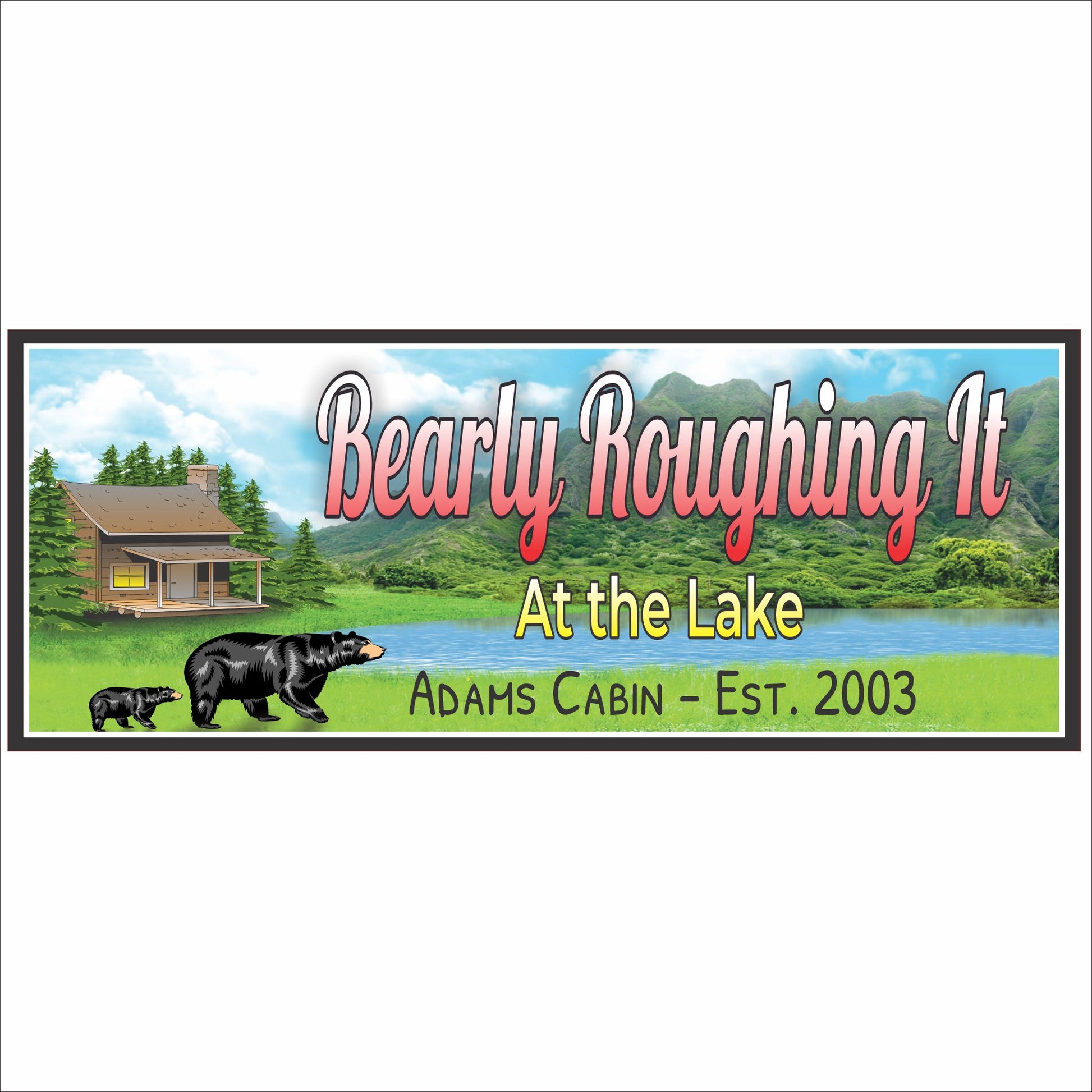Personalized lake cabin sign with bear illustration, forest background, and customizable family name