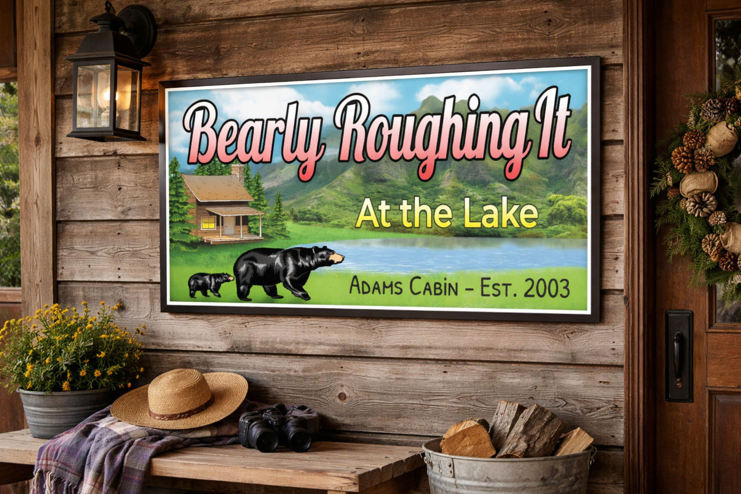 Large personalized bear-themed cabin sign mounted on a rustic wooden wall inside a lake house