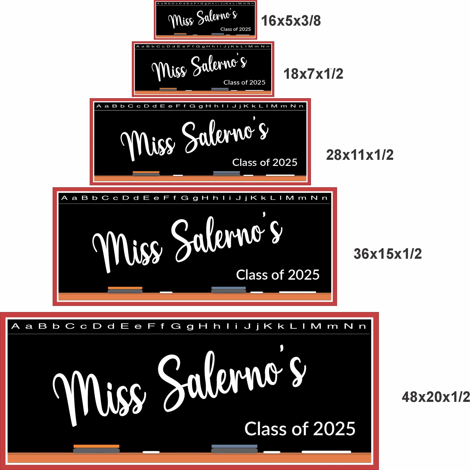 Teacher classroom sign shown in five available sizes for scale comparison