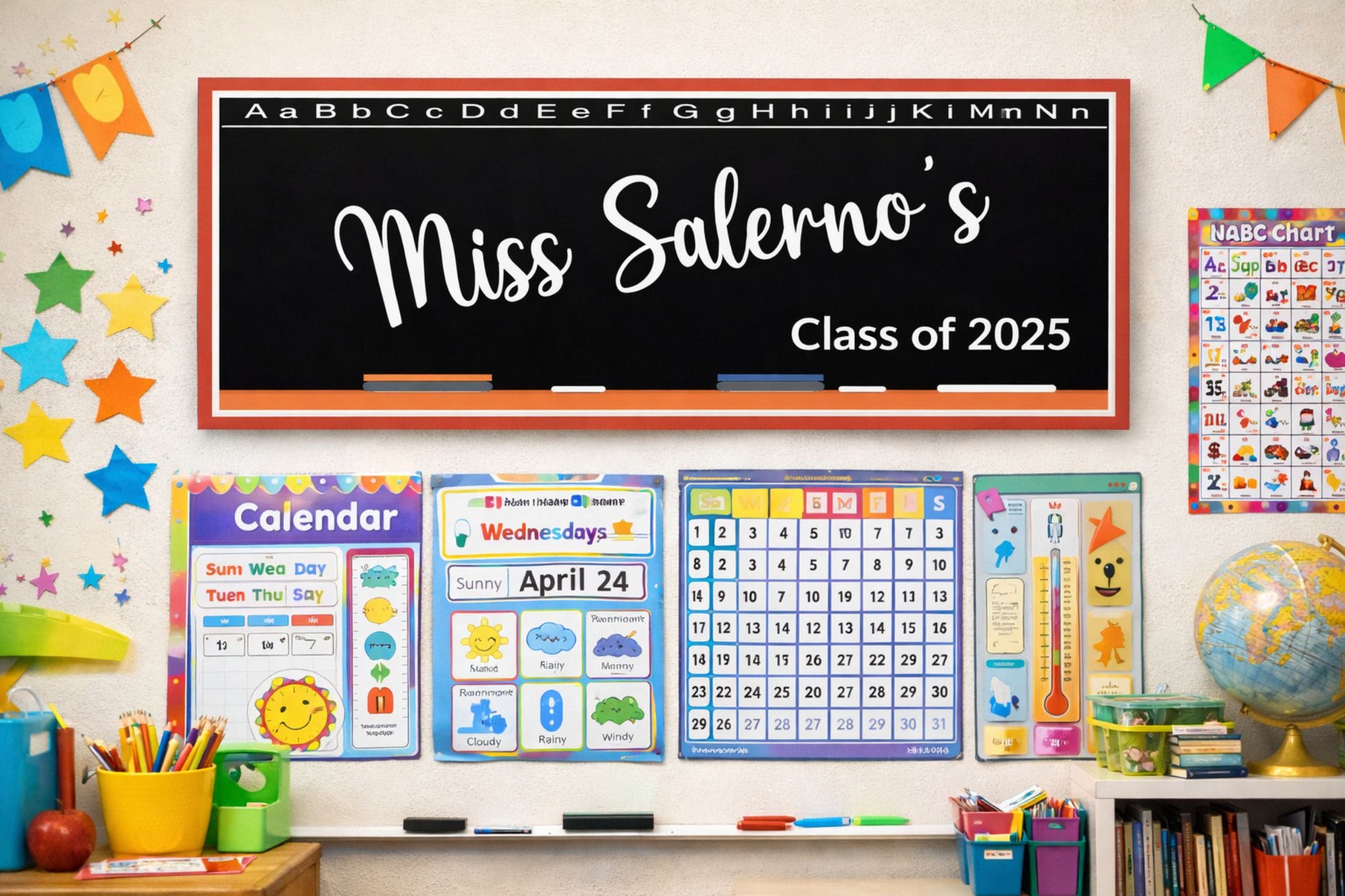 Custom classroom sign mounted on a wall with colorful learning posters and decorations