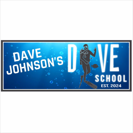 Personalized dive school sign with scuba diver graphic and custom business name