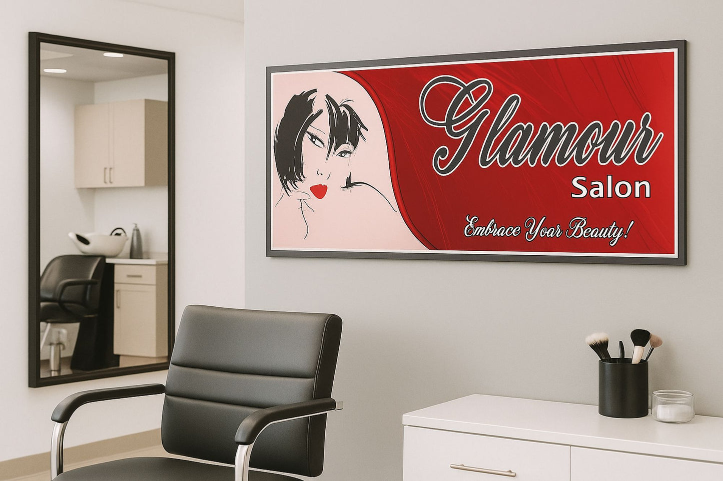 Custom salon sign mounted on a modern beauty studio wall above a styling chair