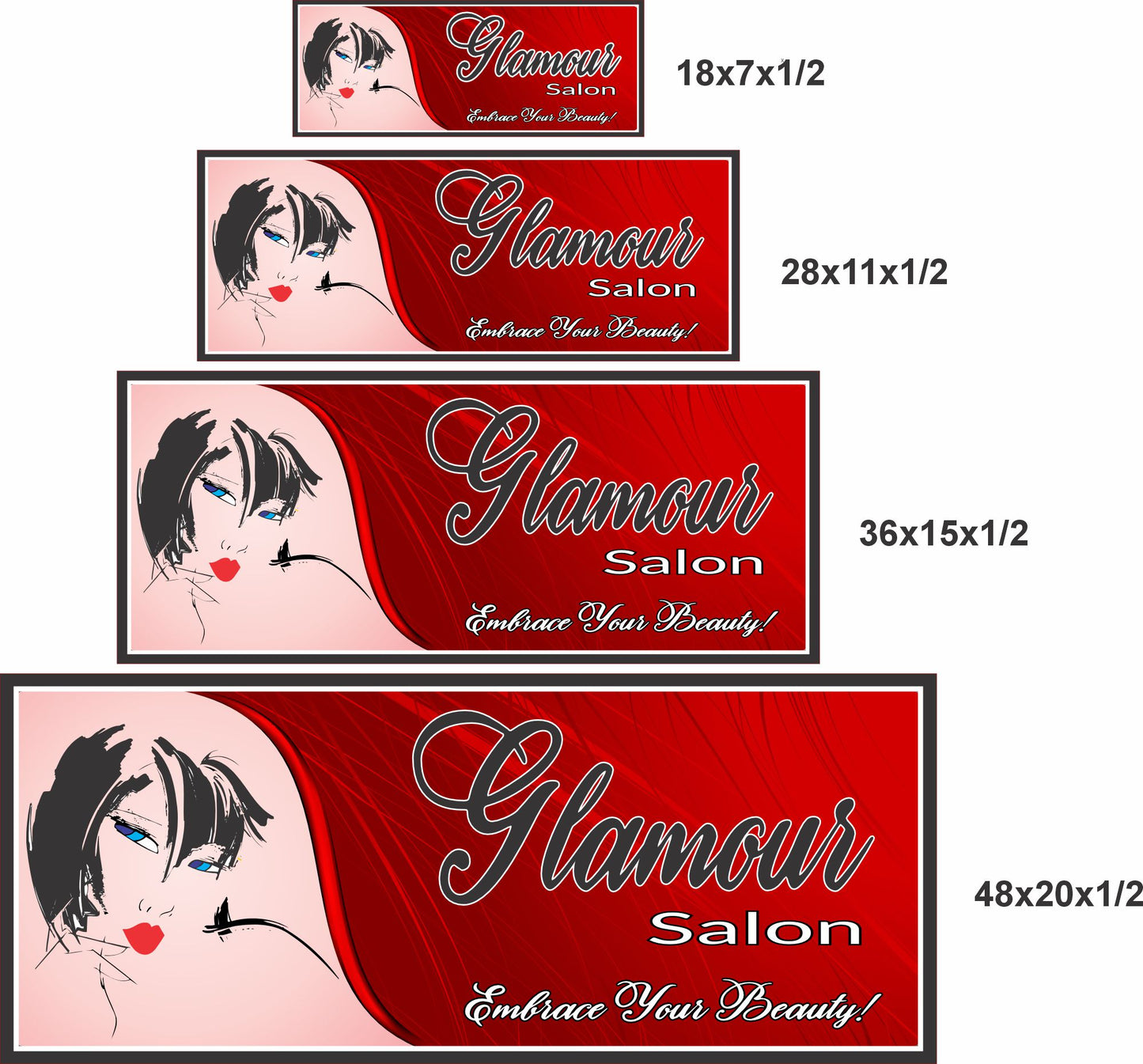 Personalized salon sign shown in 18x7, 28x11, 36x15, and 48x20 inch size options