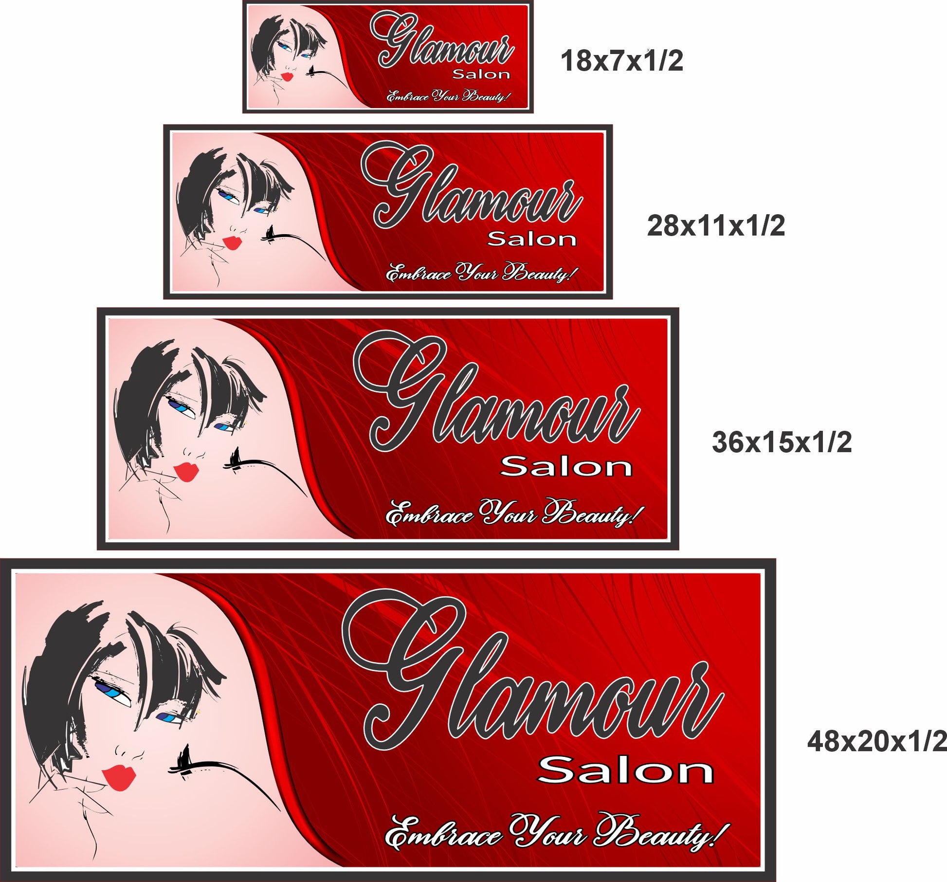Personalized salon sign shown in 18x7, 28x11, 36x15, and 48x20 inch size options