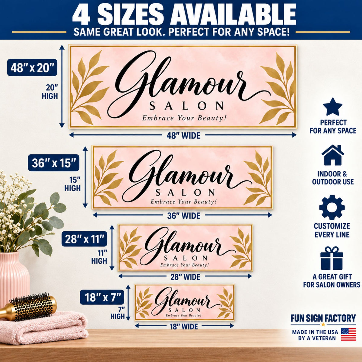 Salon sign size guide showing 18×7, 28×11, 36×15, and 48×20 inches with dimension arrows.