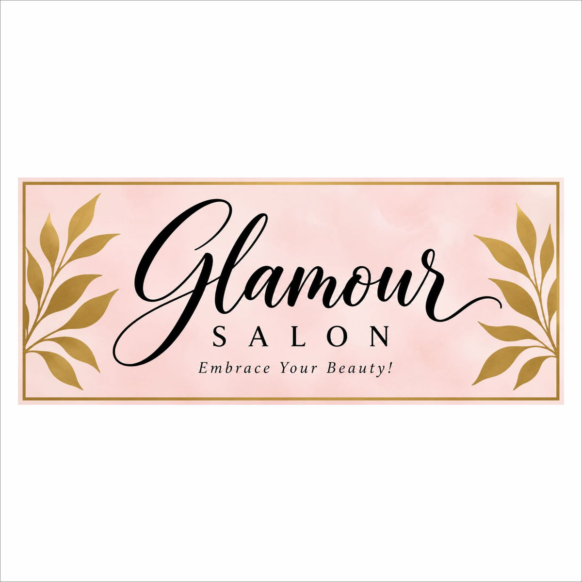 Personalized salon sign with a blush pink background, gold botanical leaves, black script lettering, and a thin printed gold border.