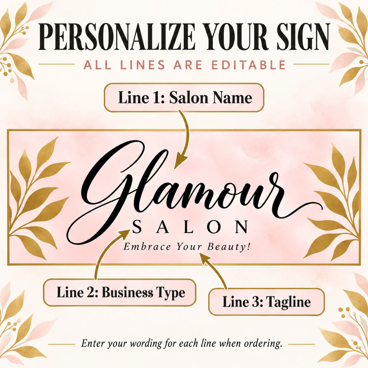 Salon sign personalization guide showing three editable lines: business name, business type, and tagline.
