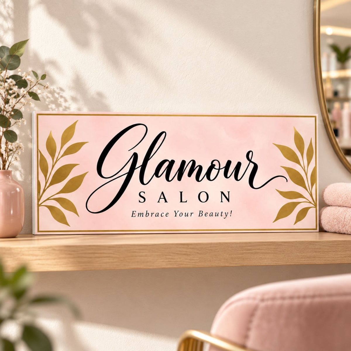 Custom pink and gold salon sign resting on an oak shelf with a subtle white PVC edge, flowers, and folded towels.