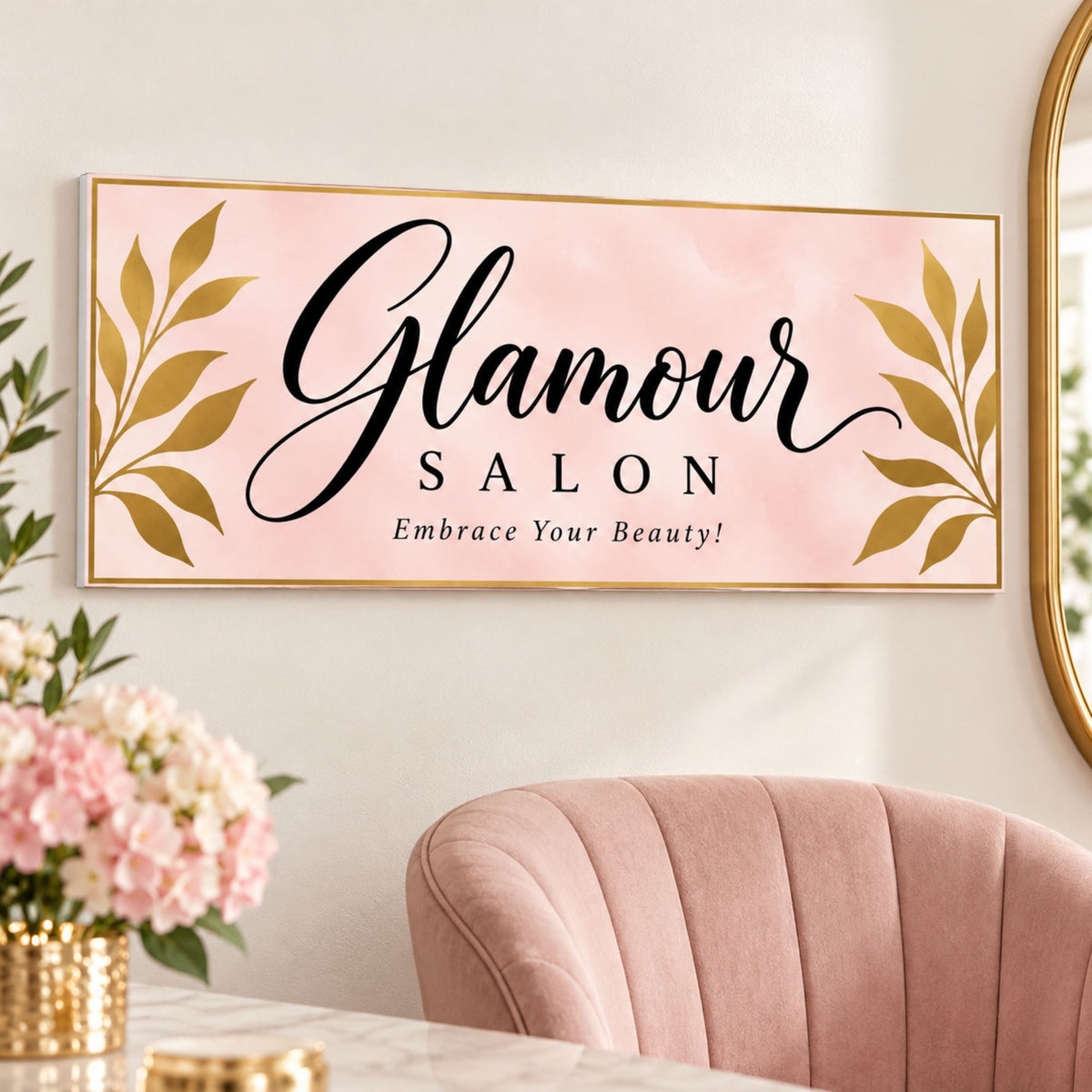 Personalized salon sign mounted above a blush pink chair in an elegant beauty studio with flowers and a gold mirror.