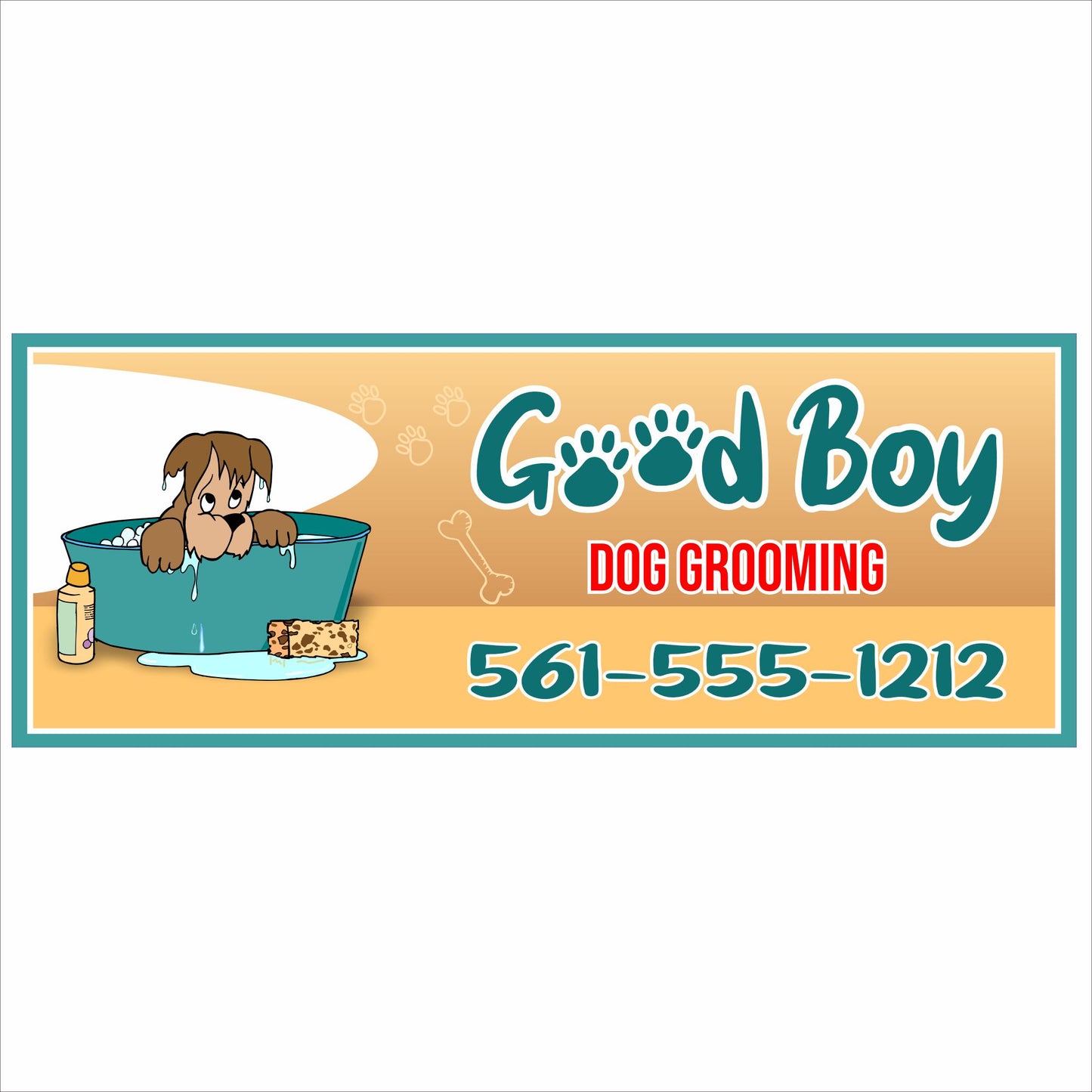 Personalized dog grooming sign with cartoon puppy in bathtub, business name, and custom phone number on white background