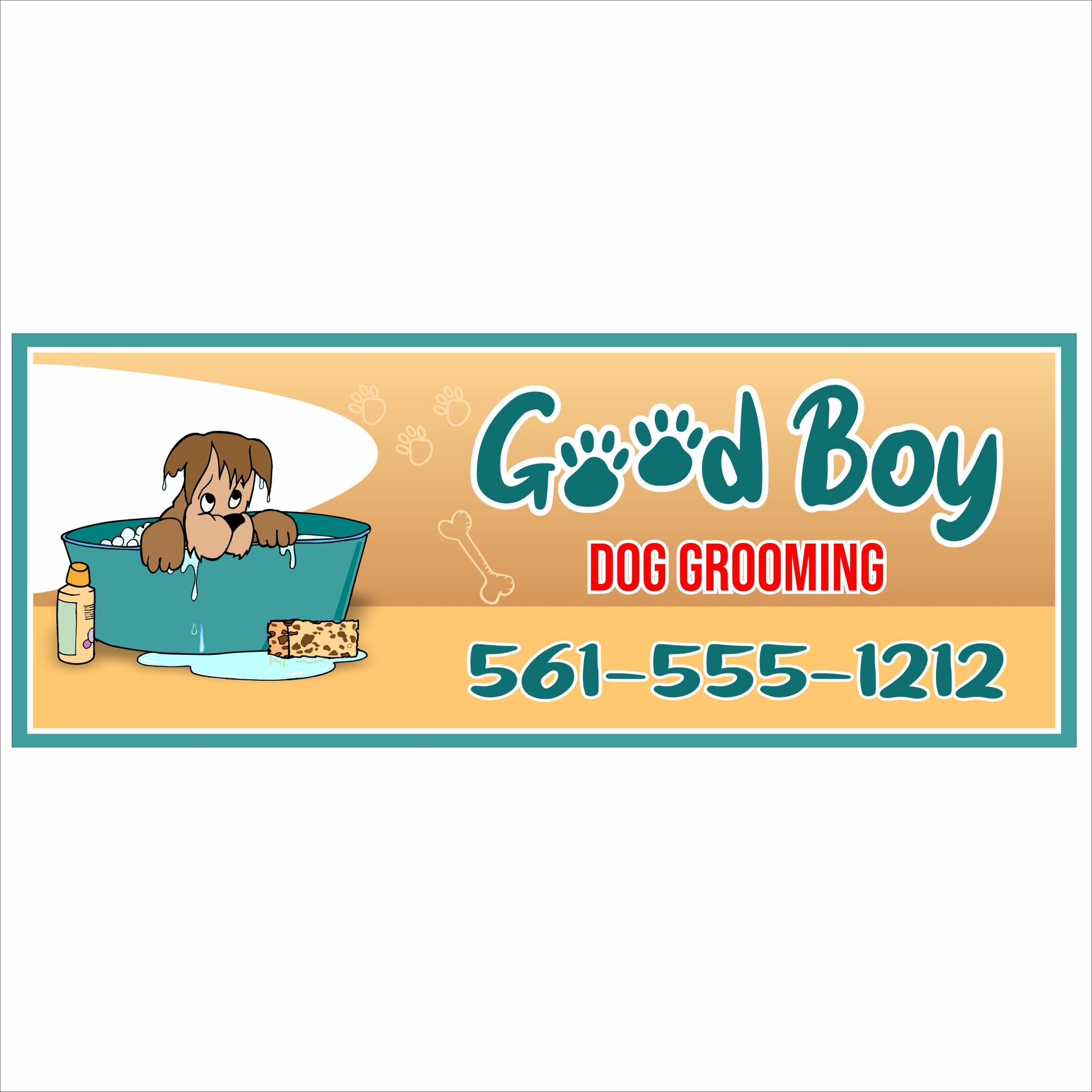Personalized dog grooming sign with cartoon puppy in bathtub, business name, and custom phone number on white background