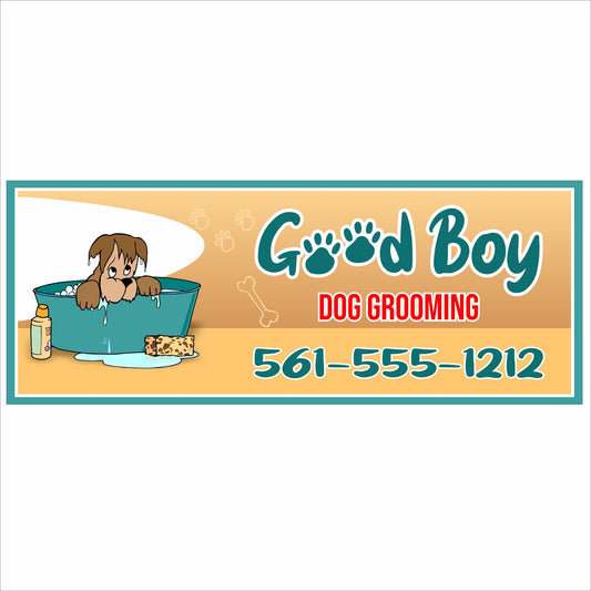 Personalized dog grooming sign with cartoon puppy in bathtub, business name, and custom phone number on white background