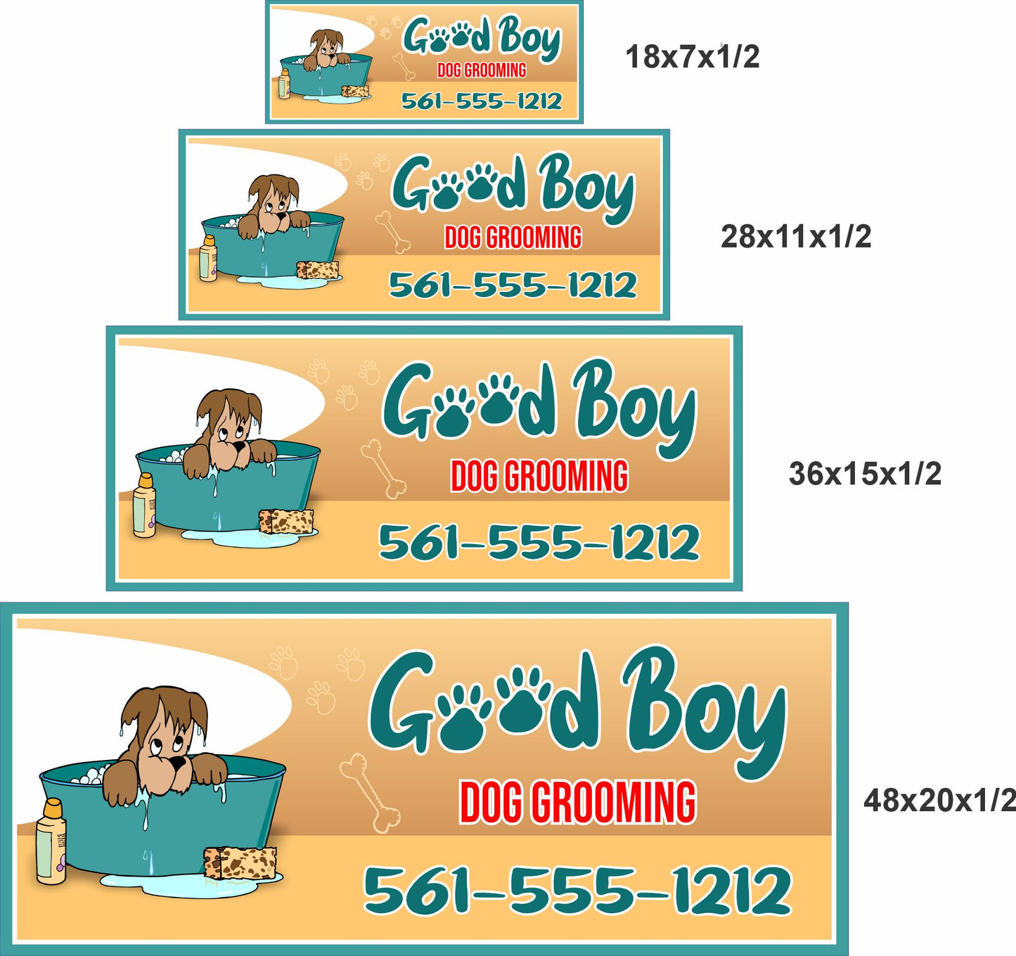 Dog grooming sign size comparison showing 18x7, 28x11, 36x15, and 48x20 inch options