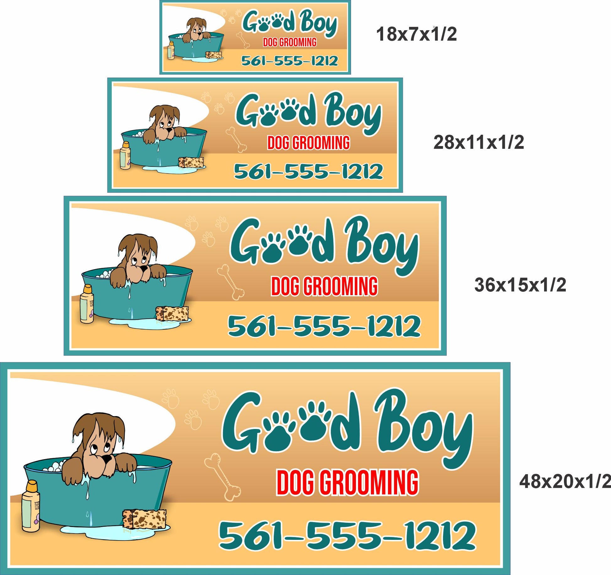 Dog grooming sign size comparison showing 18x7, 28x11, 36x15, and 48x20 inch options