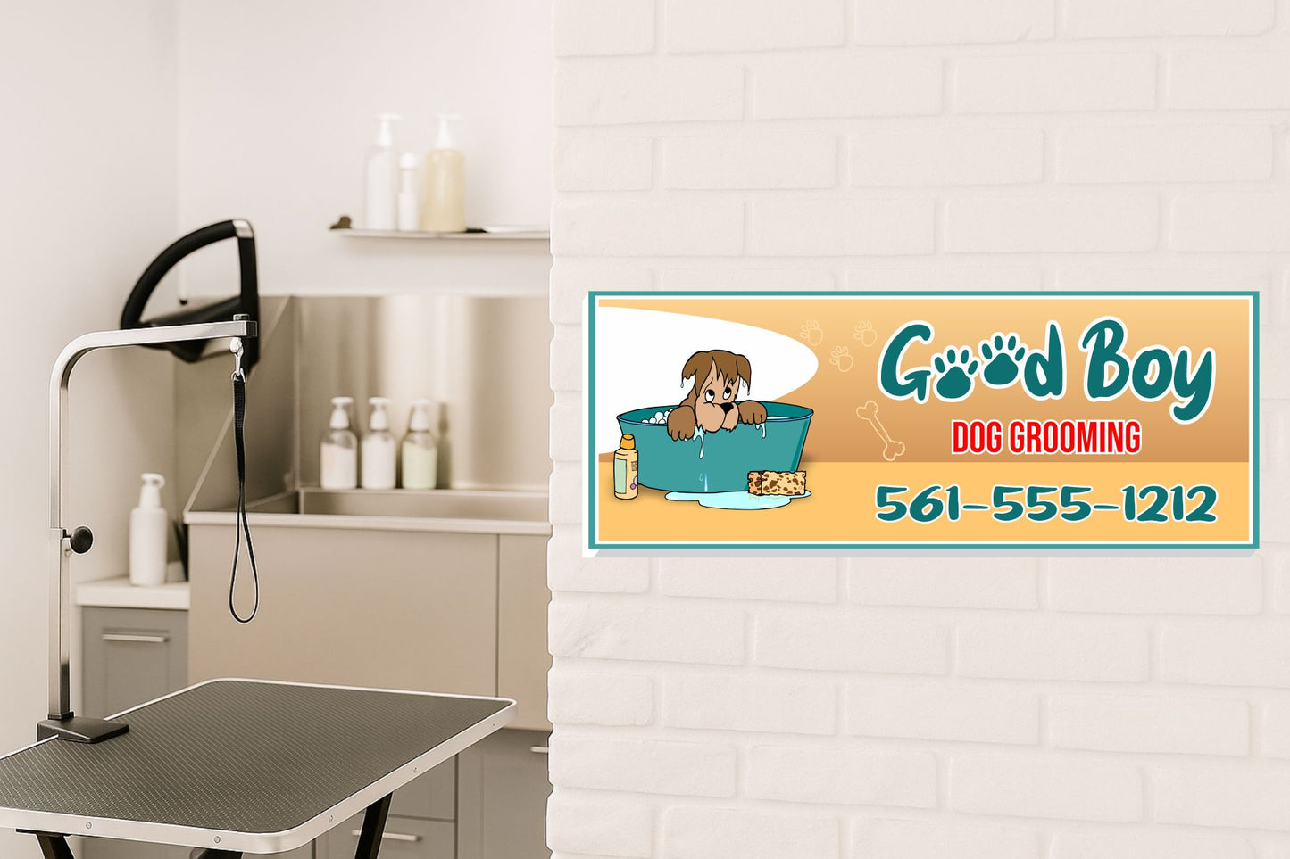 Dog grooming sign mounted inside a pet salon with grooming tub and supplies