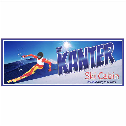 Personalized ski cabin sign with skier illustration, mountain background, and customizable family name