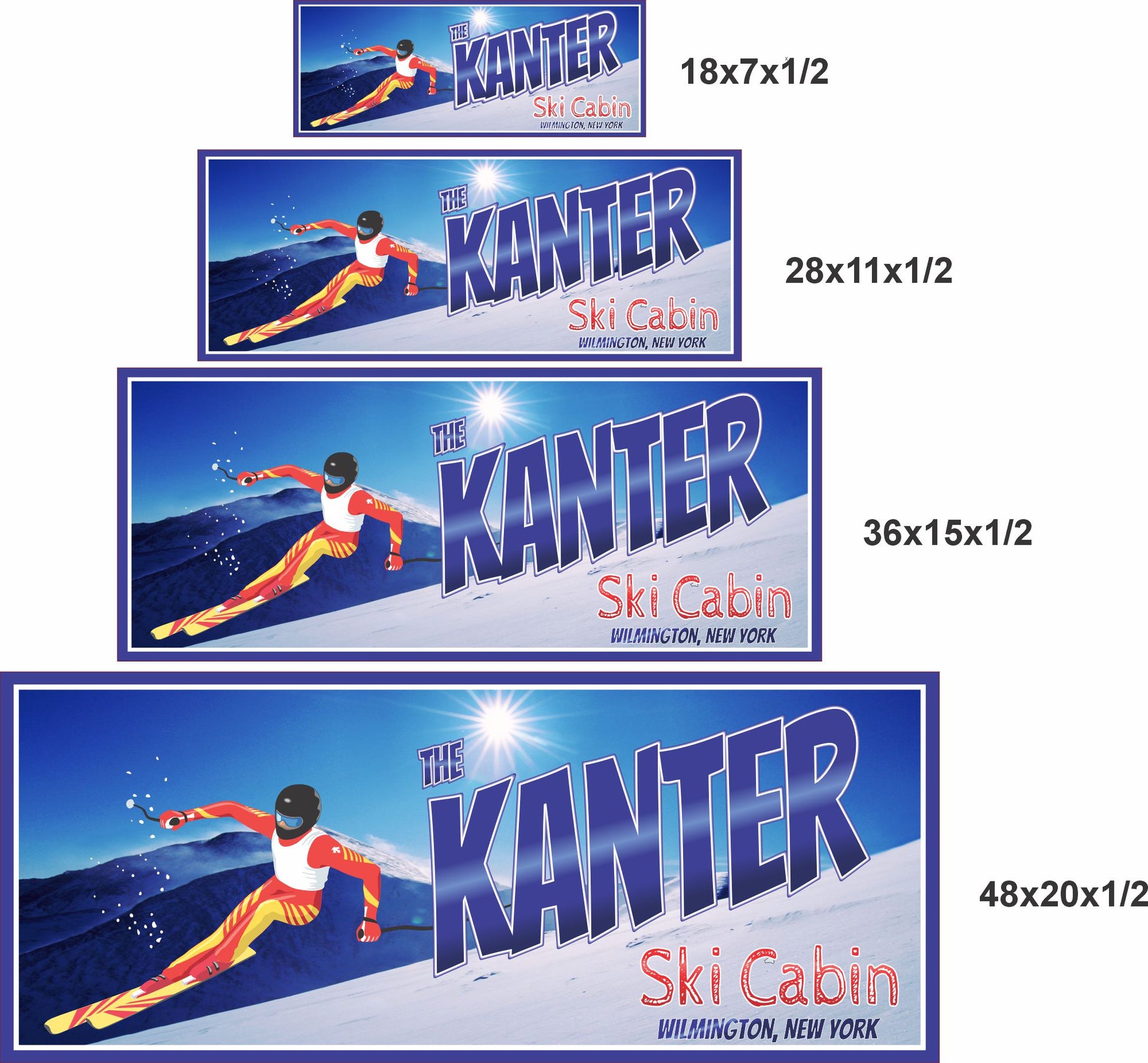 Ski cabin sign shown in 18x7, 28x11, 36x15, and 48x20 inch size options