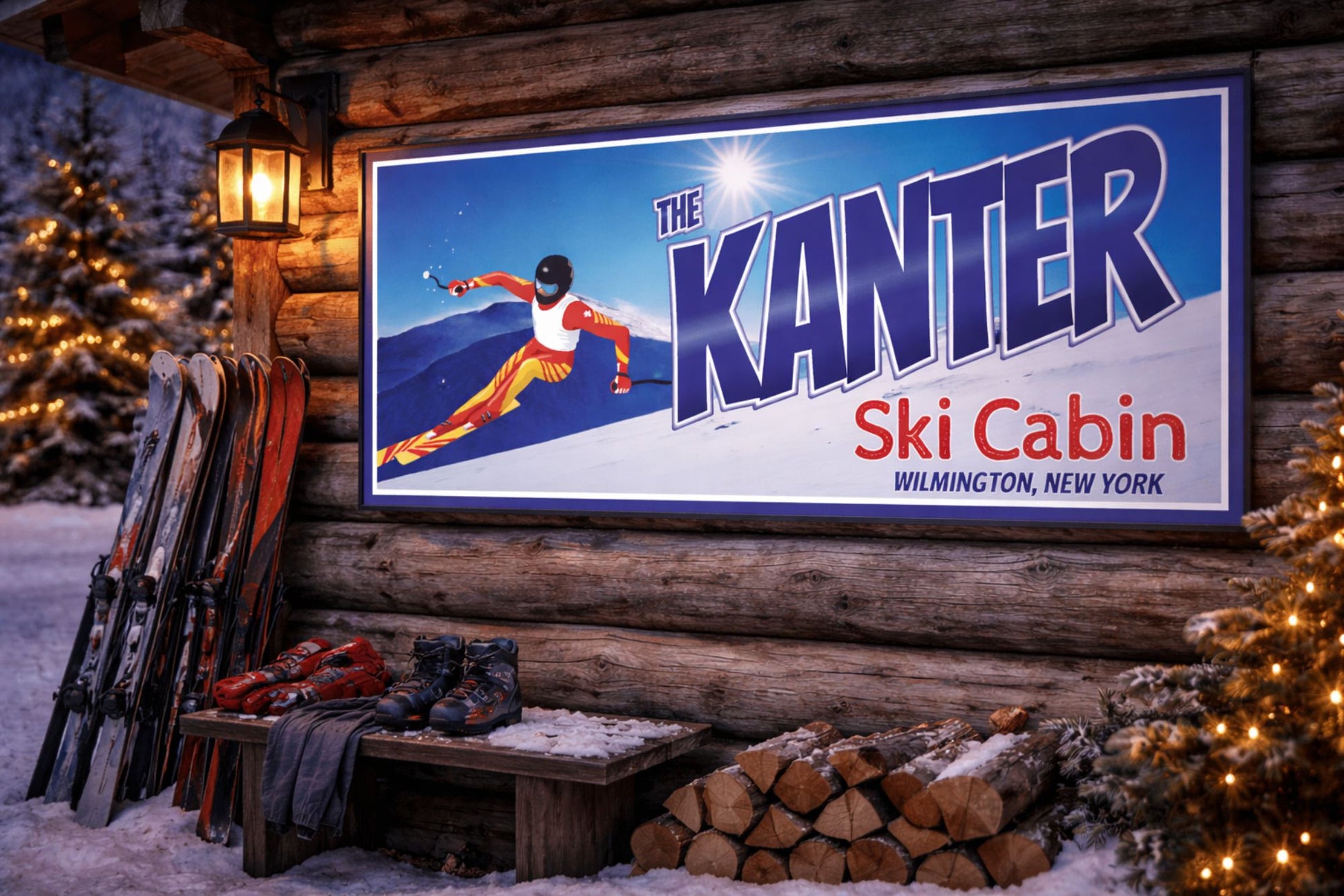 Personalized ski cabin sign mounted on a rustic log cabin wall with winter décor