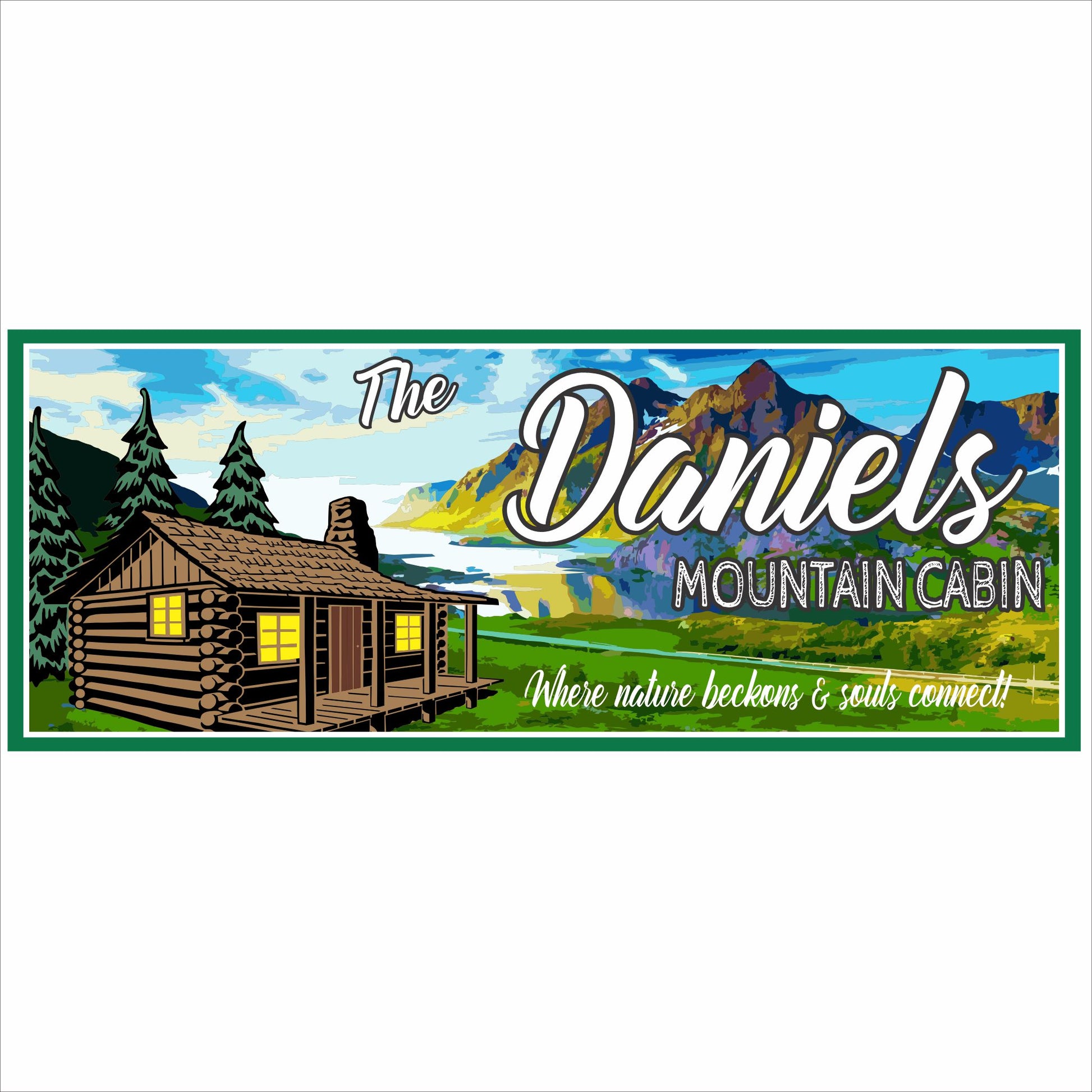 Personalized mountain cabin sign featuring a rustic log cabin with trees, mountains, and customizable family name