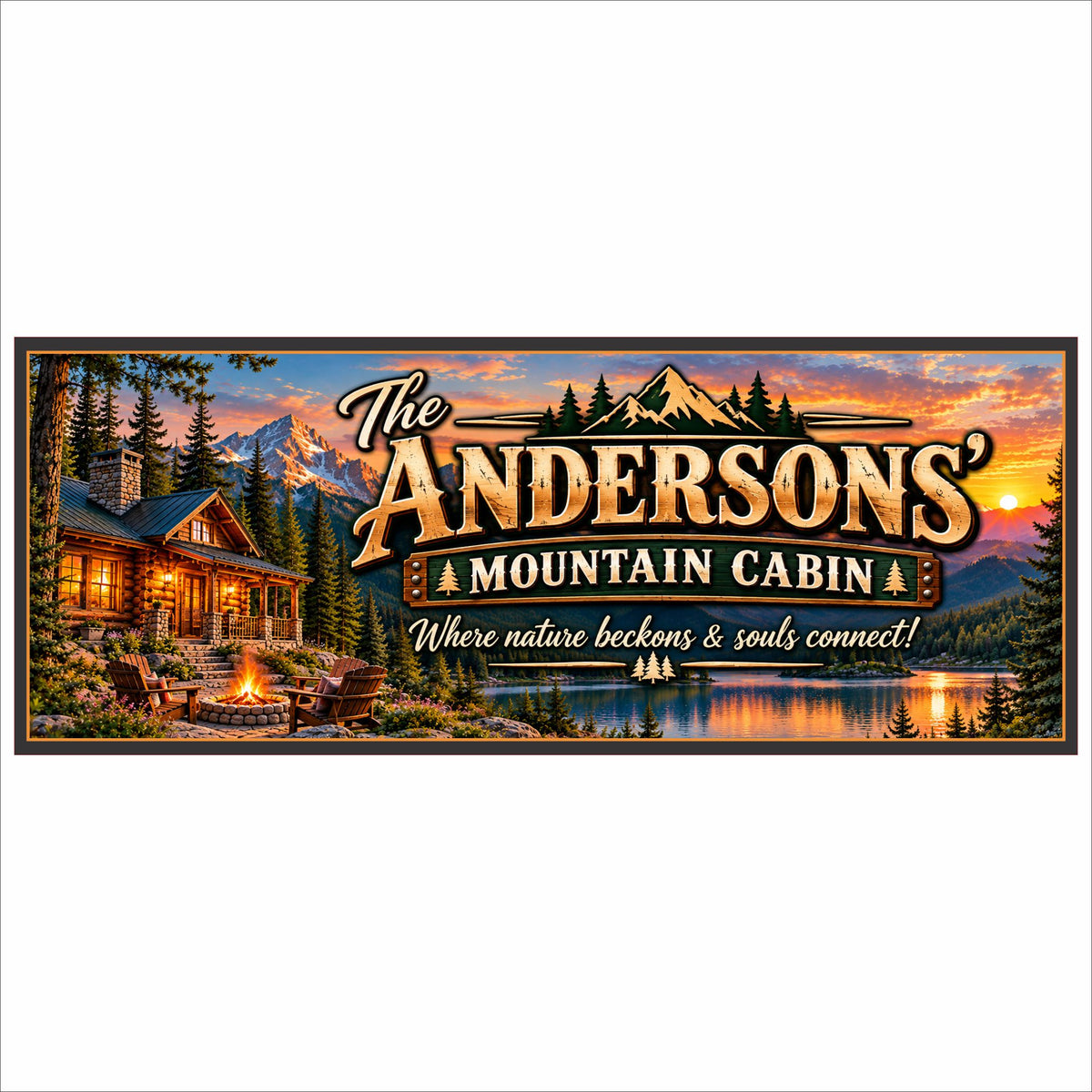 Personalized mountain cabin sign featuring a cozy log cabin, glowing firepit, mountain sunset, lake scenery, decorative border and customizable family wording.