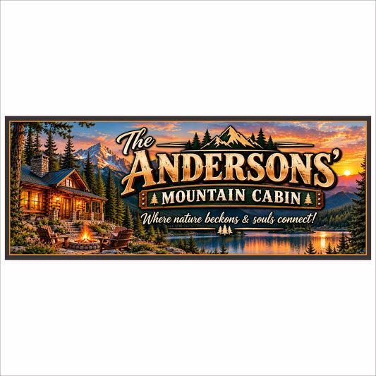 Personalized mountain cabin sign featuring a cozy log cabin, glowing firepit, mountain sunset, lake scenery, decorative border and customizable family wording.