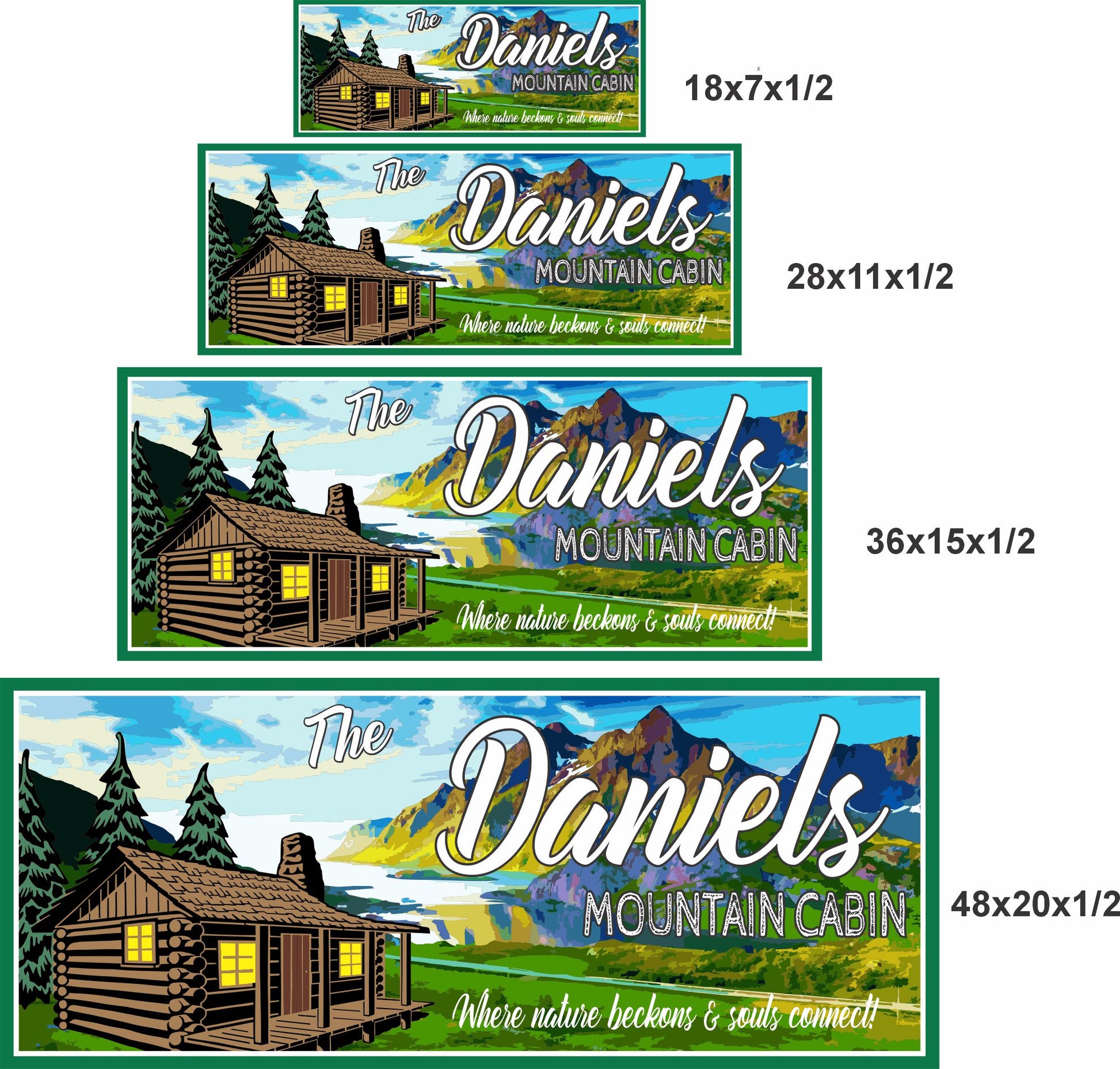 Personalized mountain cabin sign shown in four available sizes for wall display comparison