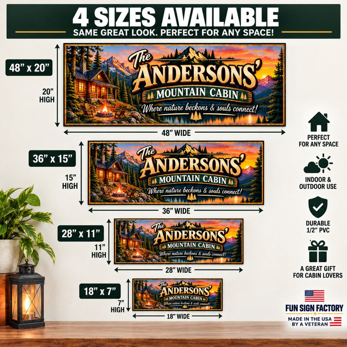 Custom mountain cabin sign size comparison showing 48×20, 36×15, 28×11 and 18×7 inch options with dimension arrows.