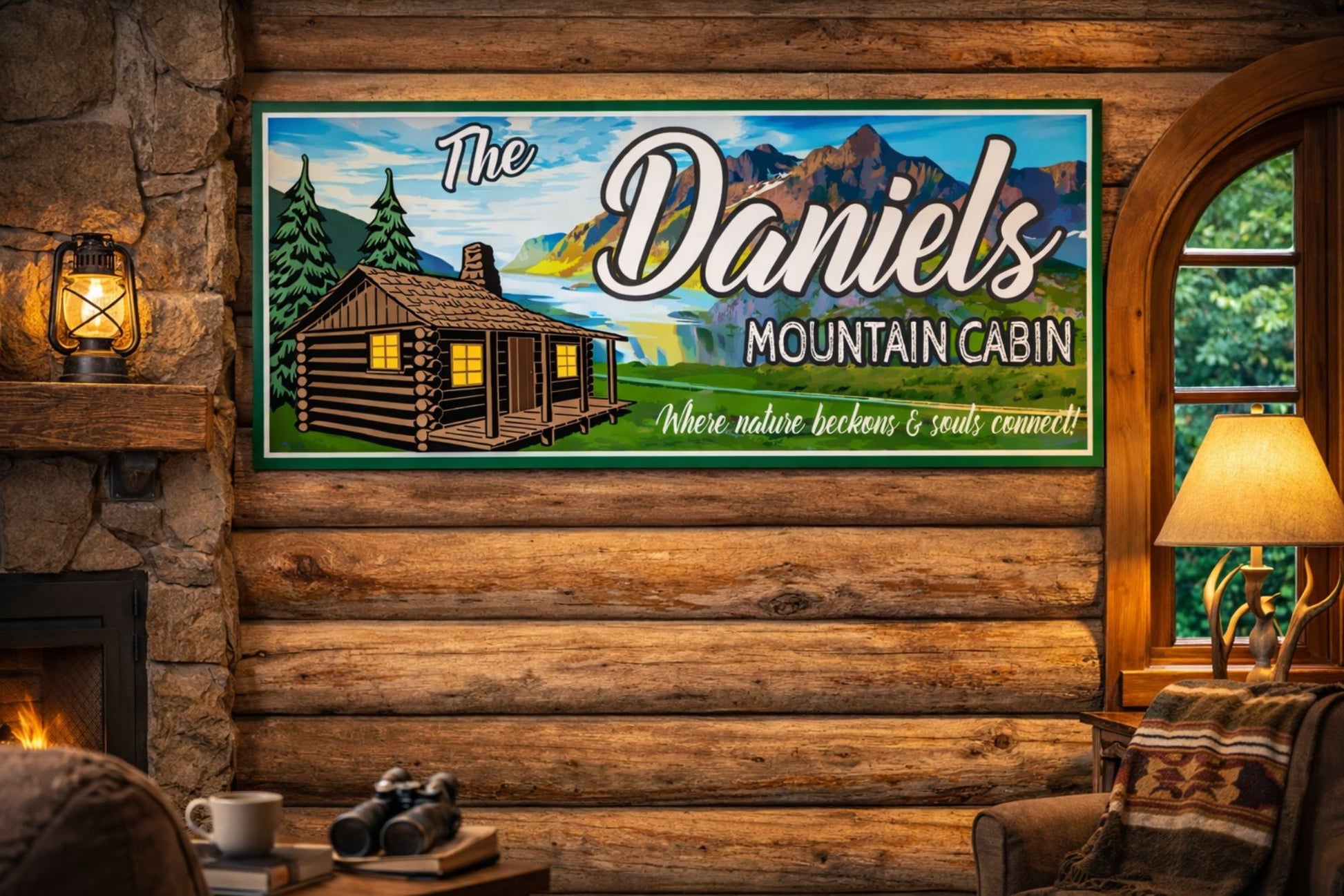 Personalized mountain cabin sign displayed on a log cabin wall with warm rustic decor and forest surroundings