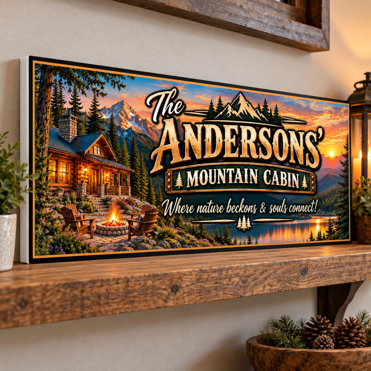 Custom mountain cabin sign displayed on a rustic wooden shelf with greenery and cabin-inspired decor, showing personalized lodge lettering.