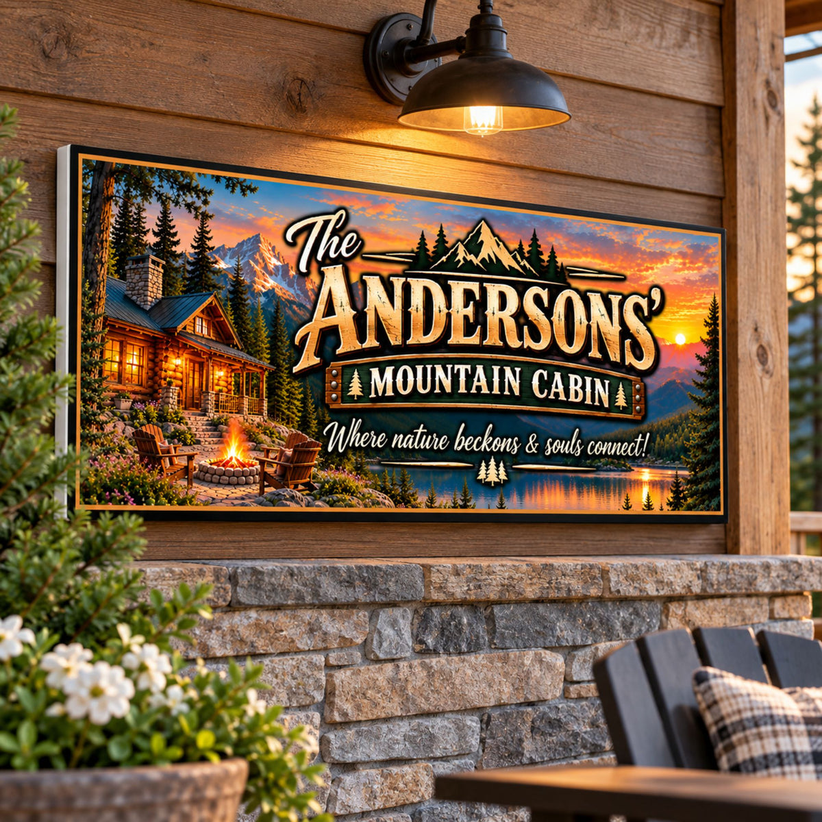 Personalized mountain cabin sign mounted on rustic wood siding beneath an outdoor light, with stone accents and cozy porch furnishings.