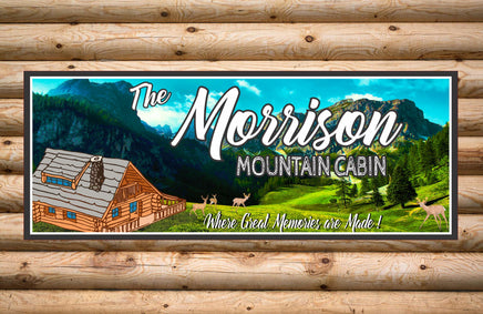 Image of a Personalized Mountain Cabin Sign featuring a majestic deer in a rustic wilderness setting, ideal for adding charm to your home decor.