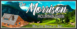 Image of a Personalized Mountain Cabin Sign featuring a majestic deer in a rustic wilderness setting, ideal for adding charm to your home decor.