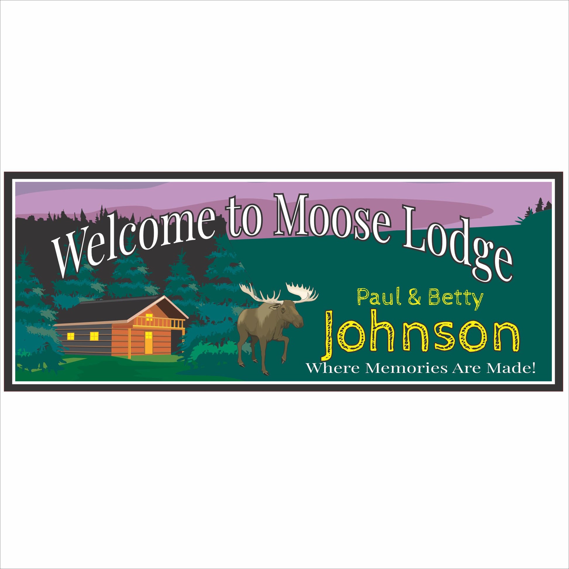 Personalized Moose Lodge cabin sign with rustic woodland scene, pine trees, glowing cabin windows, and moose with custom family name on white background