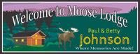 Image of a custom moose and log cabin welcome sign, ideal for rustic home or cabin décor.