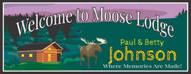 Image of a custom moose and log cabin welcome sign, ideal for rustic home or cabin décor.