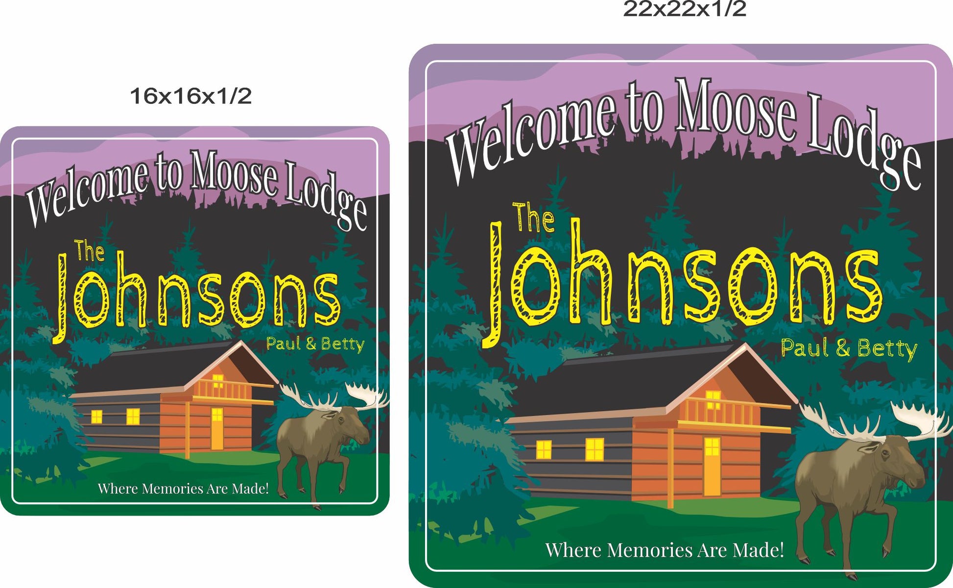 Sign showing both 16x16x1/2 inch and 22x22x1/2 inch square size options