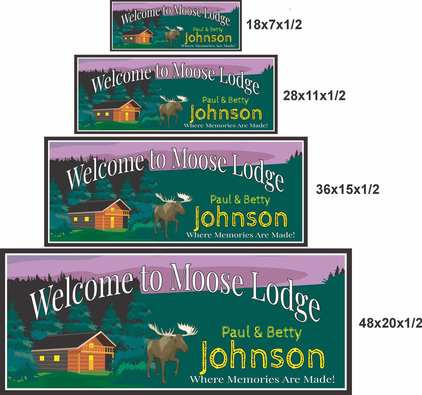 Moose Lodge sign size comparison showing 18x7, 28x11, 36x15, and 48x20 inch options