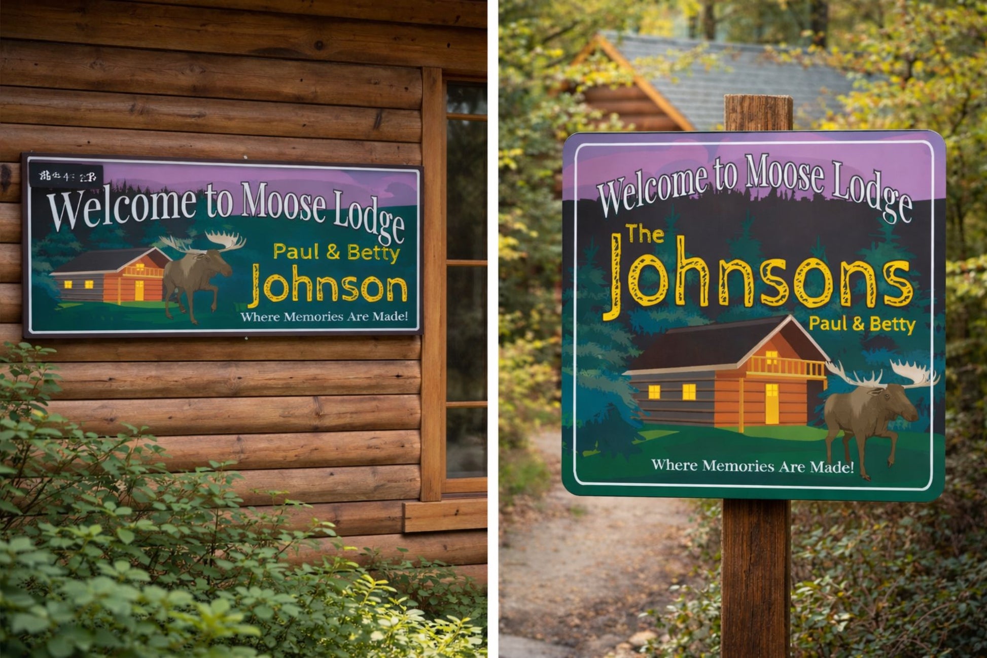 Personalized Moose Lodge cabin sign displayed on rustic log cabin wall in rectangular format and on a wooden post in square format showing both available shapes
