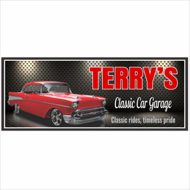 Personalized classic car garage sign with red 1957 muscle car, bold lettering, and custom garage name on white background
