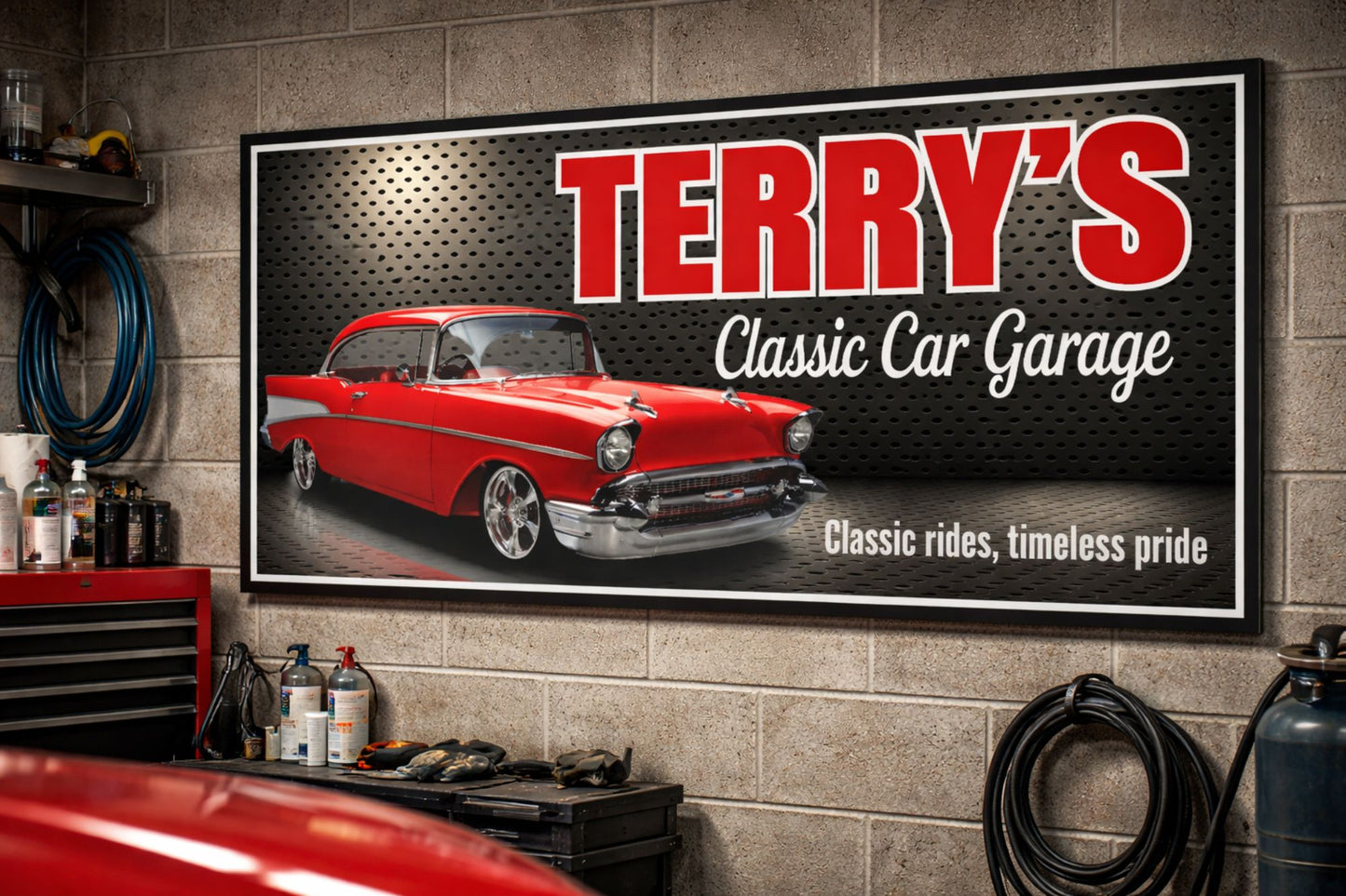 Classic car garage sign mounted on a workshop wall with tools and vintage automotive decor
