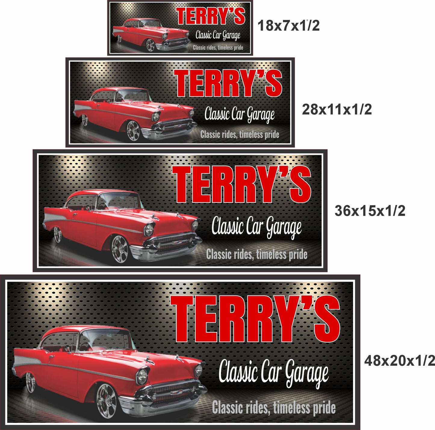 Classic car garage sign size comparison showing 18x7, 28x11, 36x15, and 48x20 inch options