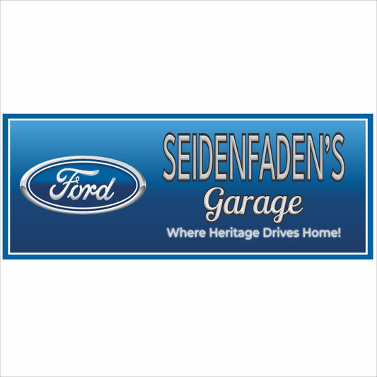 Personalized classic garage sign with blue oval logo style, custom garage name, and vintage automotive design on white background