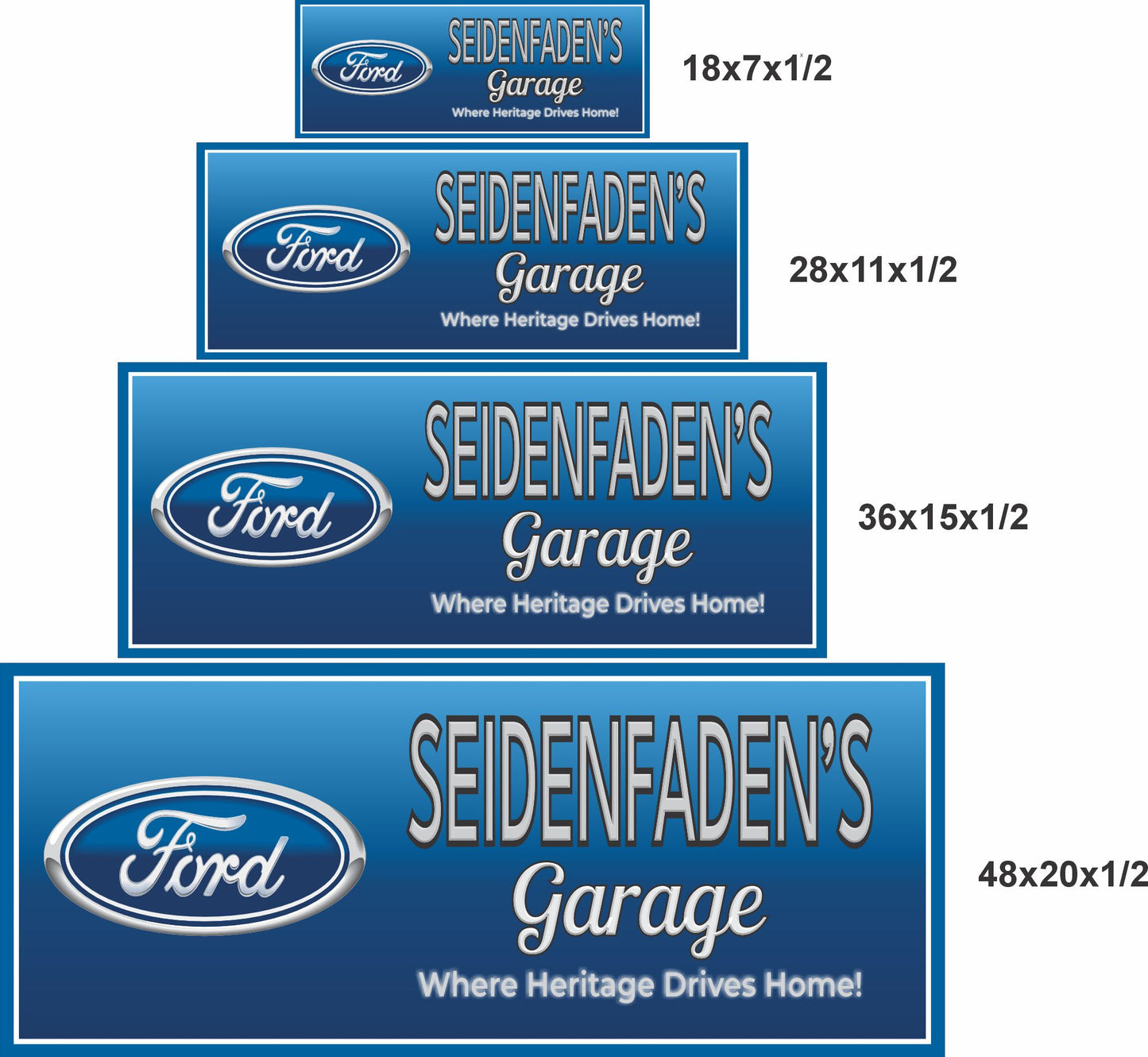 Classic garage sign size comparison showing 18x7, 28x11, 36x15, and 48x20 inch options