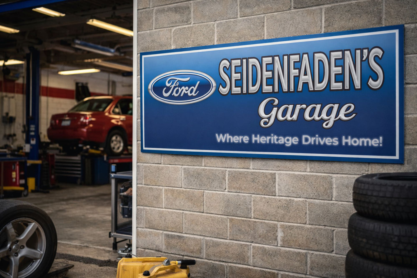 Classic garage sign mounted on a brick garage wall with vintage car and workshop tools